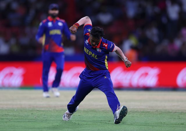 Sompal Kami of Nepal celebrates after dismissing Litton Das of Bangladesh (not pictured) during the ICC Men's T20 Cricket World Cup West Indies & USA 2024 match