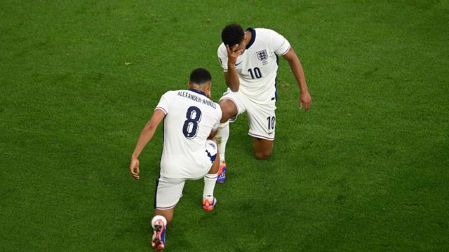 Jude Bellingham & Trent Alexander Arnold celebrate England's goal against Serbia during Euro 2024.  Both players are on one knee with their hand over their faces like a mask.  Both players are wearing a white England kit