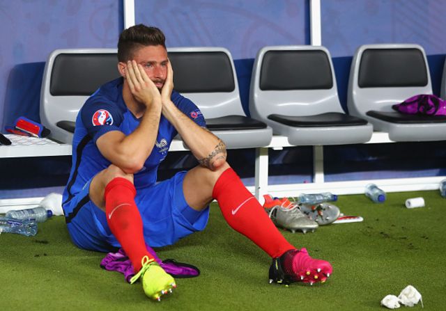 Olivier Giroud of France shows his dejection after his team's 0-1 defeat in the UEFA EURO 2016 Final match against Portugal