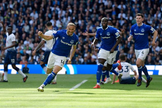 Cenk Tosun celebrates a goal for Everton