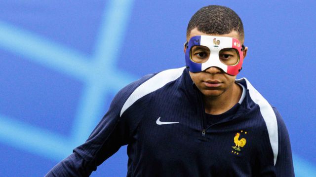 Kylian Mbappe in France training at Euro 2024 wearing a protective mask