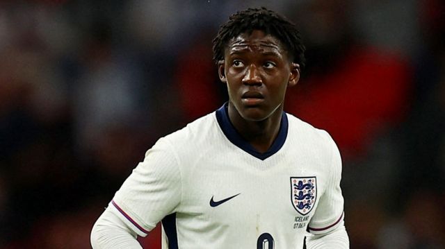 Kobbie Mainoo playing for England during their friendly against Iceland in 2024