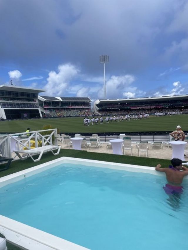 A swimming pool at the cricket in Barbados