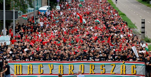 Hungarian fans march together in Hungary