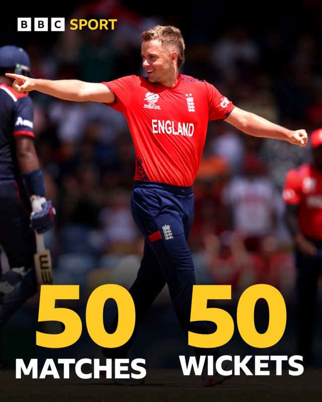 A graphic showing Sam Curran has taken 50 wickets in 50 T20 internationals for England