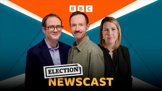 Still of Electioncast host Adam Fleming, political editor Chris Mason and correspondent Alex Forsyth