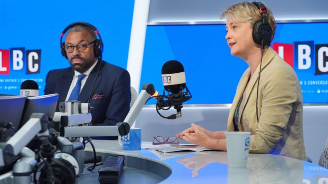 Home Secretary James Cleverly and his Labour counterpart, Yvette Cooper, in the LBC radio studio
