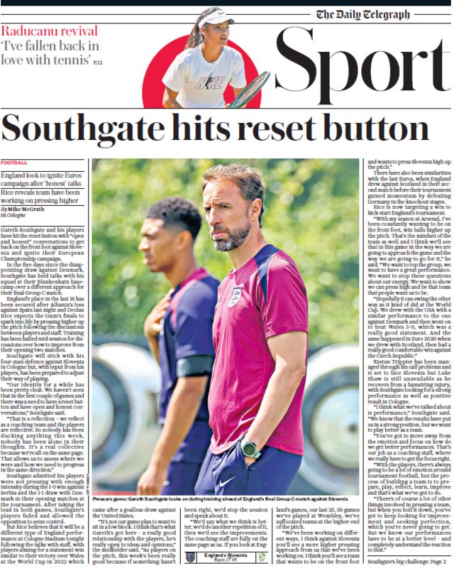 Daily Telegraph's main sport page