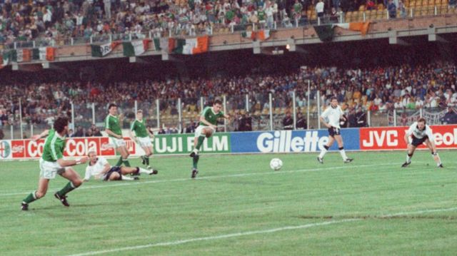 Kevin Sheedy crashes in the equaliser for Republic of Ireland with a left foot strike from the edge of the penalty area