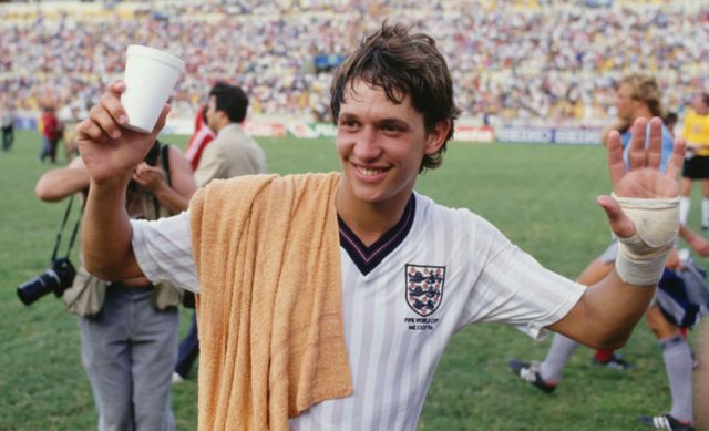 Gary Lineker of England celebrates after his hat trick after the FIFA 1986 World Cup match against Poland