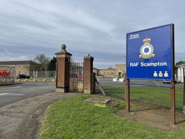 RAF Scampton entrance with a sign