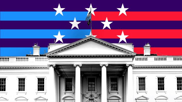 An illustration of the White House is seen over a backdrop of red, white, blue and purple stripes and stars.