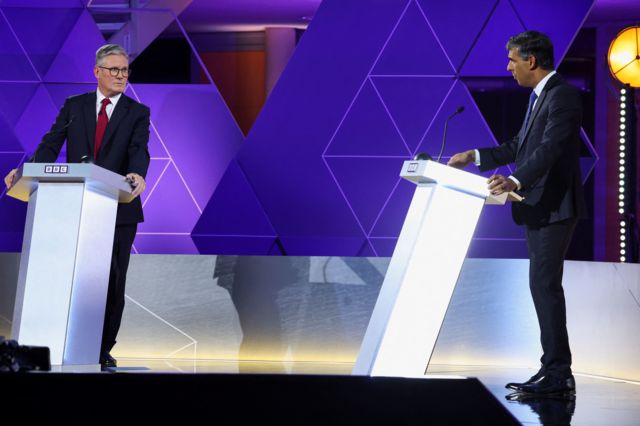 Labour leader Sir Keir Starmer and Prime Minister Rishi Sunak during their BBC Head-to-head debate in Nottingham, 26 June 2024