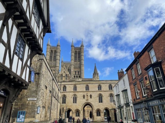 Lincoln Cathedral from the view of Castle Square with Magna Carta in the right hand corner