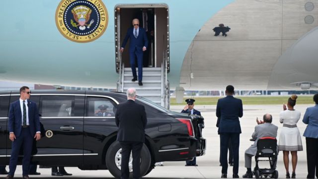 US President Joe Biden deplanes from Air Force One in Georgia.
