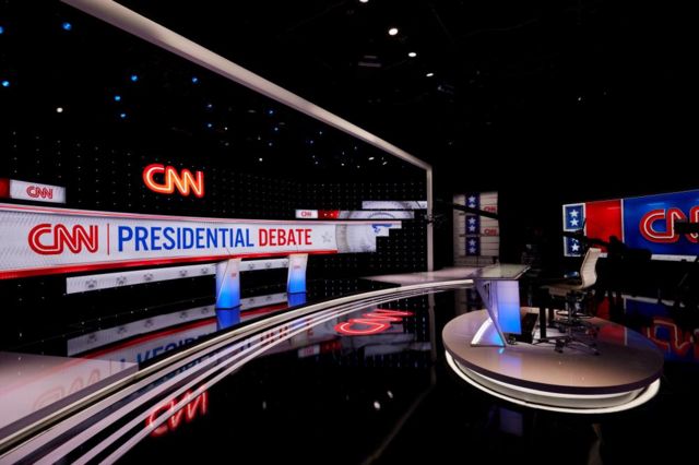 A wide shot of the CNN debate stage