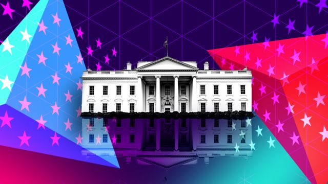 An illustration of the White House is seen with blue, pink and purple triangles and stars behind it.