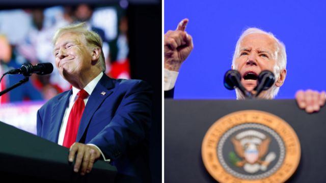 A split image of Donald Trump and Joe Biden