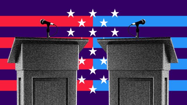 An illustration shows two debate podiums with red, white, blue and purple stars and stripes.