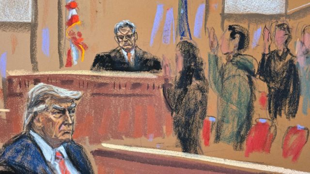 A sketch of Donald Trump watching jurors raise their hands in a New York courtroom