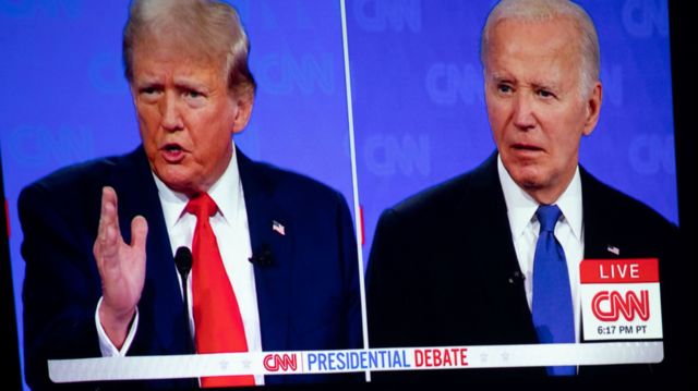 Donald Trump is seen motioning with his hand on the left of a television split screen with President Joe Biden on the right