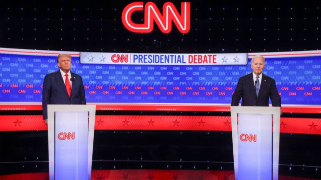 Both Donald Trump (left) and President Joe Biden (right) are photographed on stage at the debate