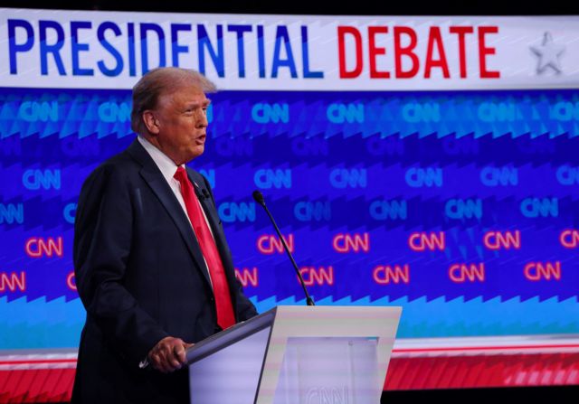 Donald Trump on the debate stage in Atlanta