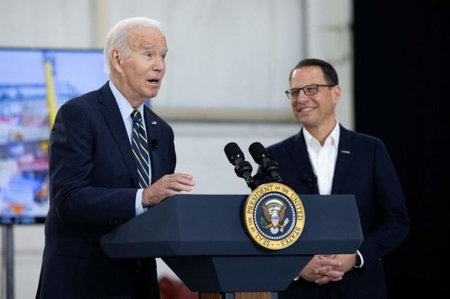 Pennsylvania Governor Josh Shapiro looks on as US President Joe Biden delivers remarks following a briefing on Interstate-95 highway emergency repair and reconstruction efforts, in Philadelphia, Pennsylvania, on June 17, 2023.