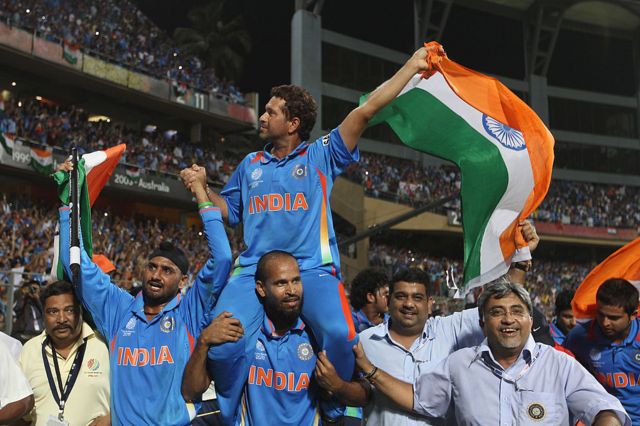 Sachin Tendulkar and India celebrate the cricket World Cup win in 2011