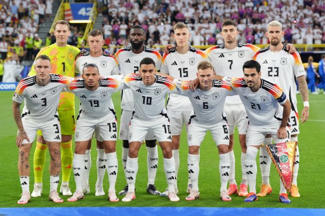 Germany players pose for a team photo ahead of the UEFA Euro 2024 round of 16 match at the BVB Stadion Dortmund in Dortmund, Germany