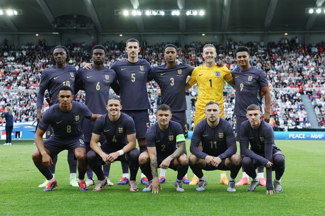 Players of England pose for a team photo prior to the international friendly match