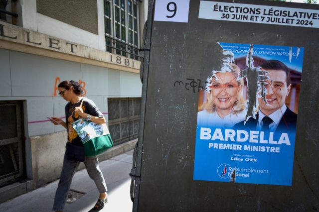 A poster showing Marine Le Pen and Bardella