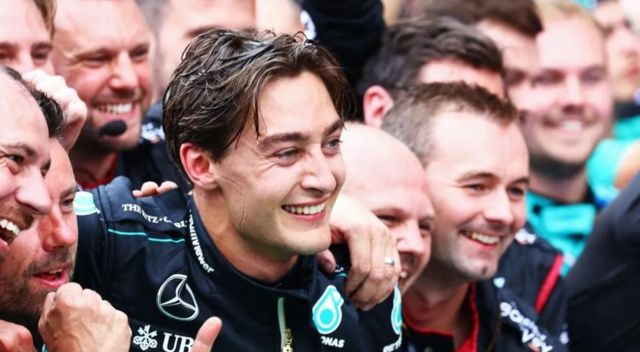 George Russell celebrates with Mercedes
