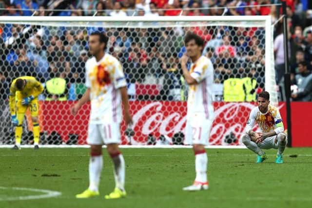 Sergio Ramos of Spain looks dejected following Italy's second goal during the UEFA Euro 2016