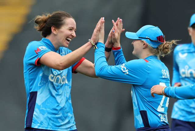 Kate Cross celebrates a wicket
