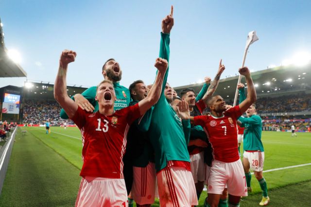 Hungary celebrate defeating England in June 2022