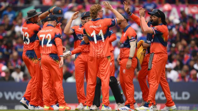 The Netherlands celebrate the wicket of Anil Shah