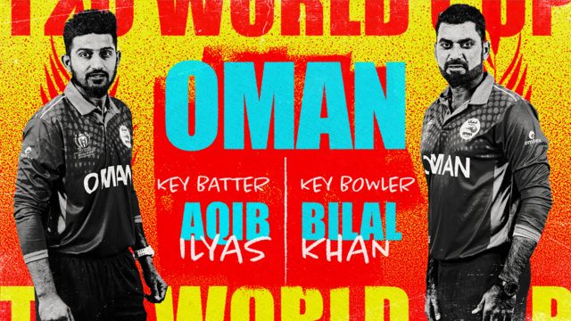 A graphic showing Aqib Ilyas and Bilah Khan as Oman's key batter and bowler at the Men's T20 World Cup