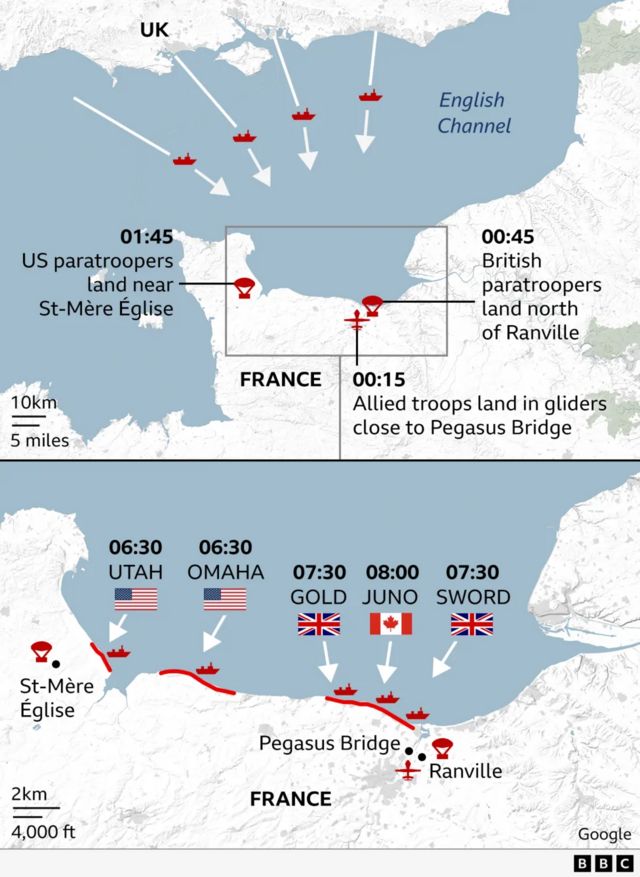 BBC graphic of a map showing the times of the landings