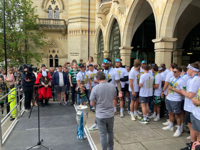 Courtney Lawes on stage talking to Northampton Saints fans