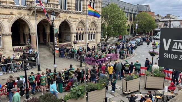 A view of Northampton's Guildhall area, where fans are waiting to greet the Northampton Saints
