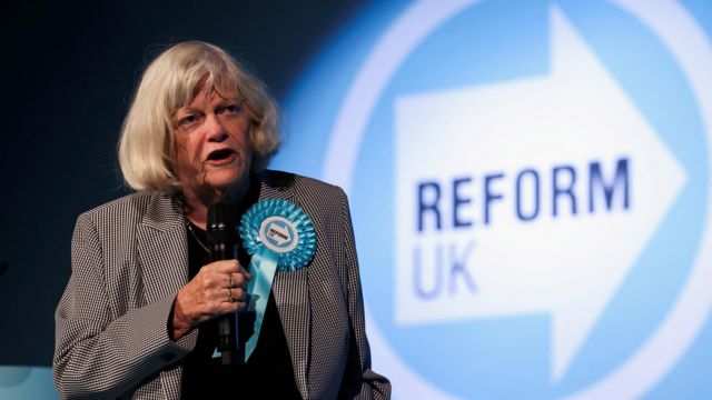 Ann Widdecombe speaks on the stage during the Reform UK party's rall