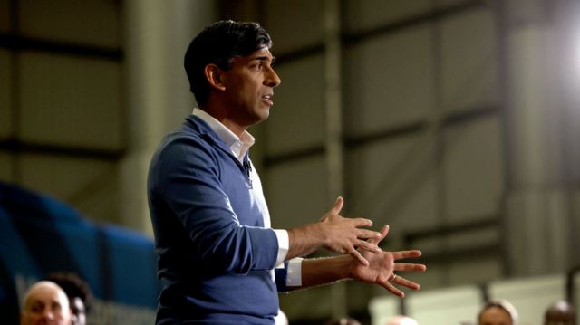 Rishi Sunak delivers a speech during a visit to the Well Healthcare Supplies warehouse during a general election campaign event in Stoke-on-Trent on 1 July