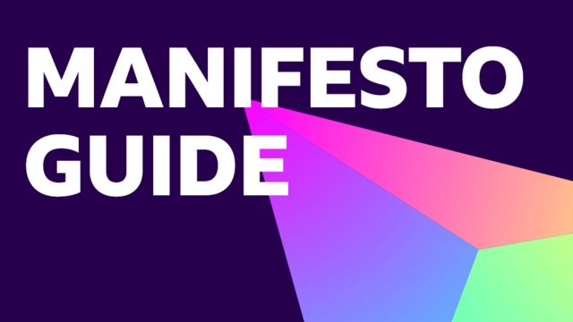 A graphic that says 'manifesto guide' with a multicoloured triangle on a purple background