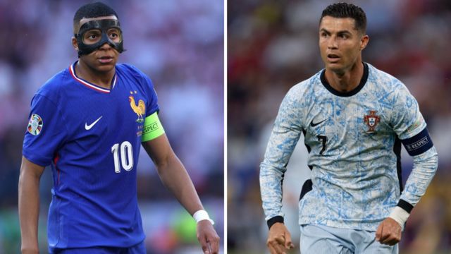 Kylian Mbappe and Cristiano Ronaldo look on - collated image