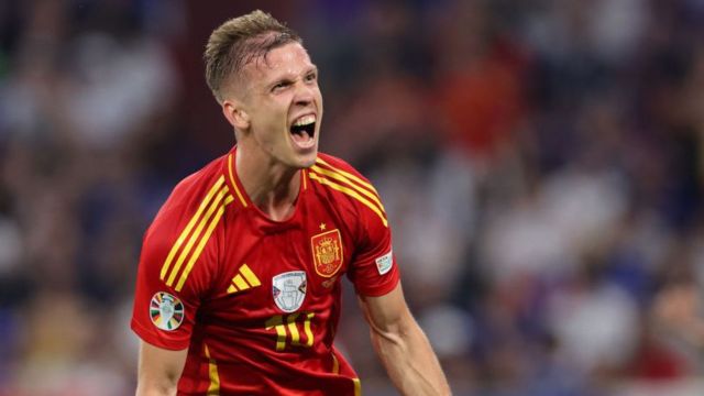 Dani Olmo celebrates after scoring for Spain at Euro 2024