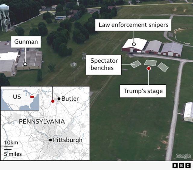 A map of the attempted assassination on Donald Trump is seen from above, including where the spectators were sitting in relation