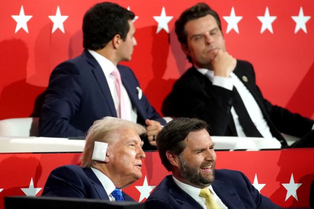 Former US President Donald Trump, left, and Senator JD Vance, a Republican from Ohio and Republican vice-presidential nominee, during the Republican National Convention (RNC) at the Fiserv Forum in Milwaukee, Wisconsin, US, on Tuesday, July 16, 2024. Former President Donald Trump tapped JD Vance as his running mate, elevating to the Republican presidential ticket a venture capitalist-turned-senator whose embrace of populist politics garnered national attention and made him a rising star in the party. Photographer: Al Drago/Bloomberg via Getty Images