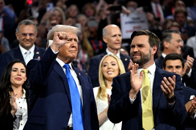 Former US President Donald Trump, left, and Senator JD Vance, a Republican from Ohio and Republican vice-presidential nominee