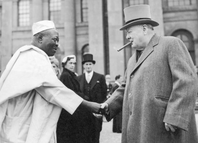 Winston Churchill with Sir Adesoji Aderemi, Ooni (King) of Ife, Nigeria, at Blenheim Palace in 1953.